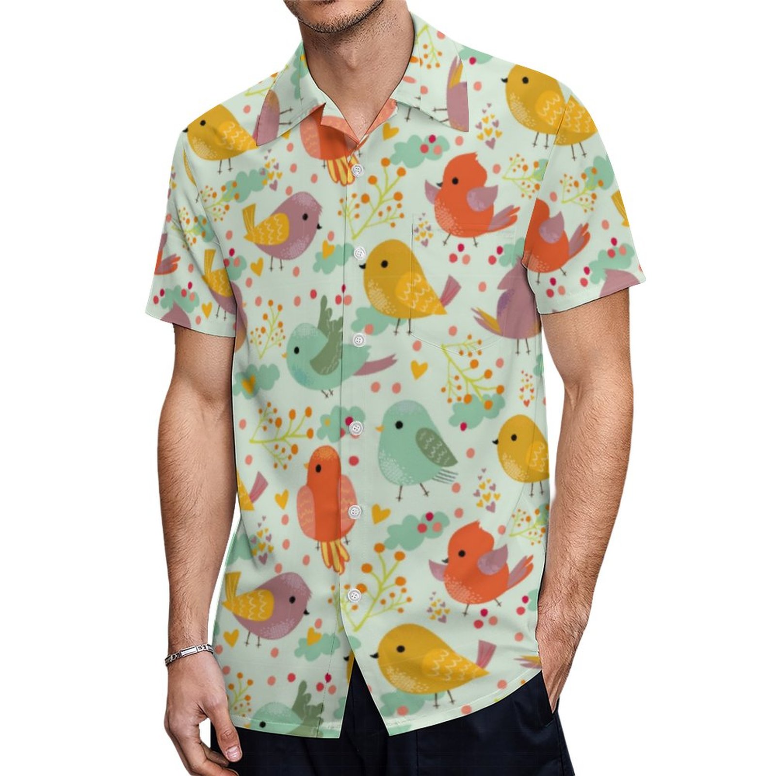 Fun Comic Cartoon Cute Birds Nature Art Hawaiian Shirt Mens Button Down Plus Size Tropical Hawaii Beach Shirts