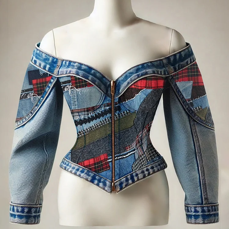 Ursime Denim Plaid Patchwork Off Shoulder Long Sleeve Blouse