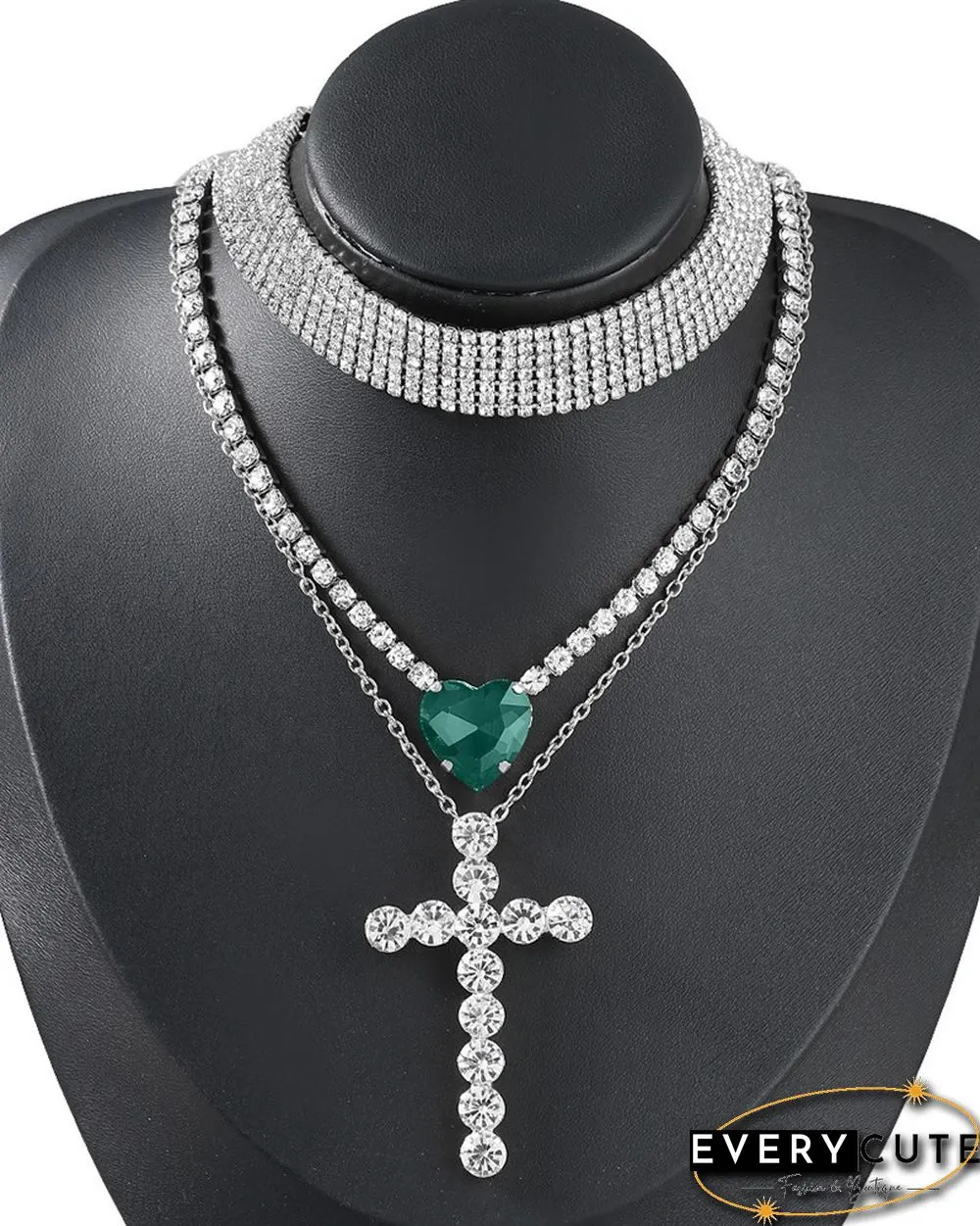3PCS Heart Shaped Rhinestone & Cross Pattern Studded Layered Necklace