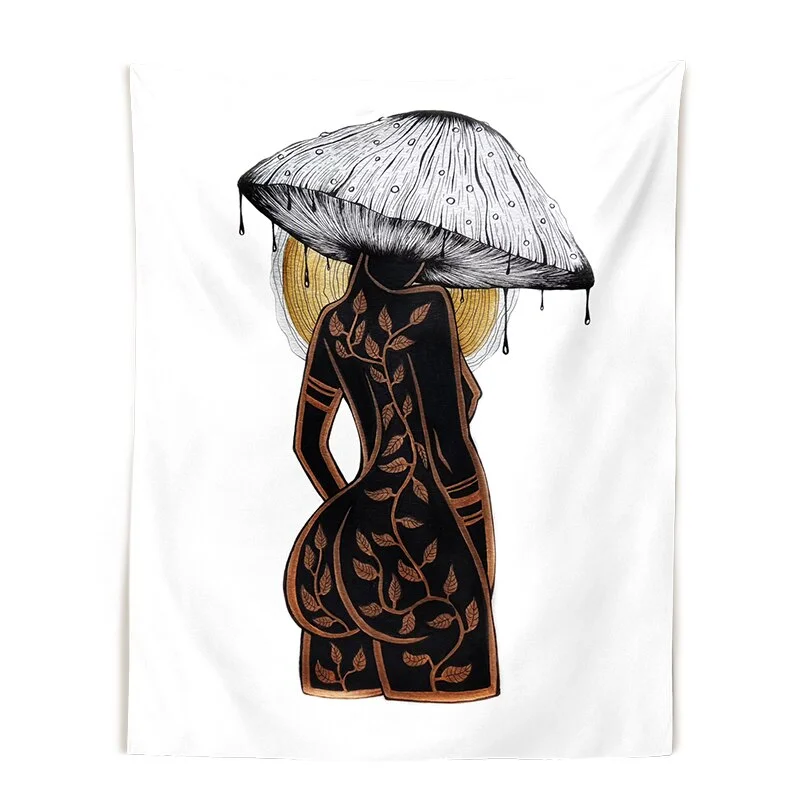 Mushroom queen Tapestry Wall Hanging crystals botanical fungi art black White witchy Living Room Psychedelic Wall Art Decor