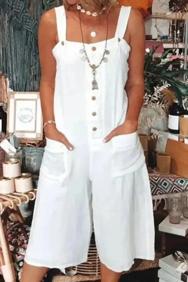 Casual Daily Solid Pocket Buttons Square Collar Loose Jumpsuits