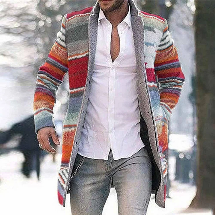Men's Casual Striped Lapel Collar Single Breasted Long Sleeve Coat