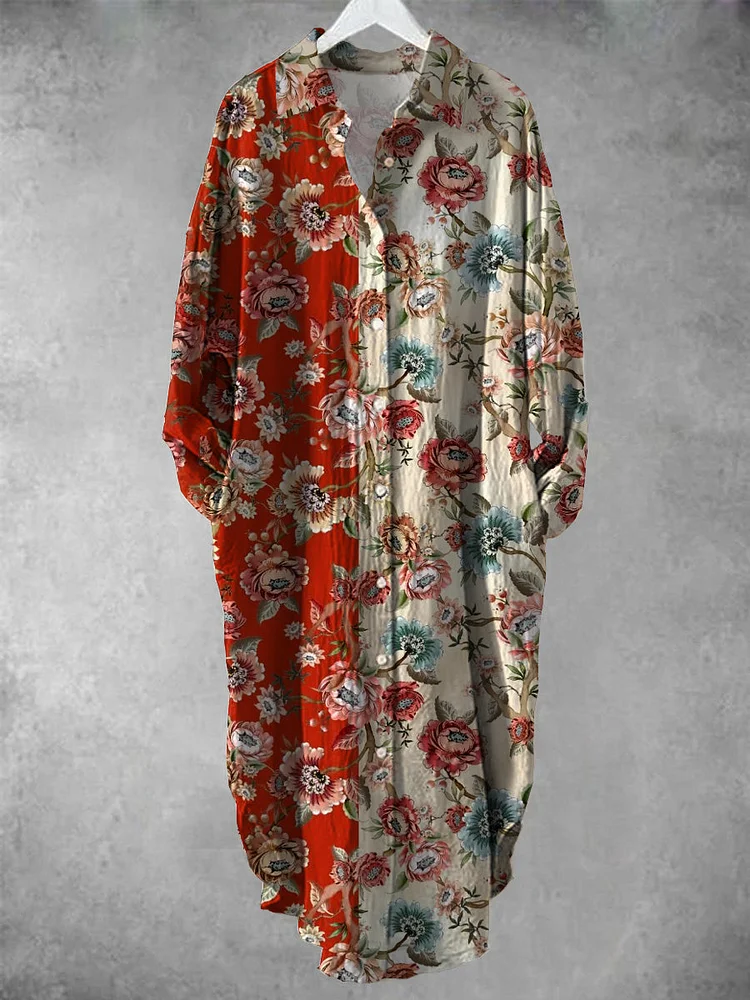 Vintage Floral Art Print Chic à manches longues décontracté col en V bouton lâche robe de chemise