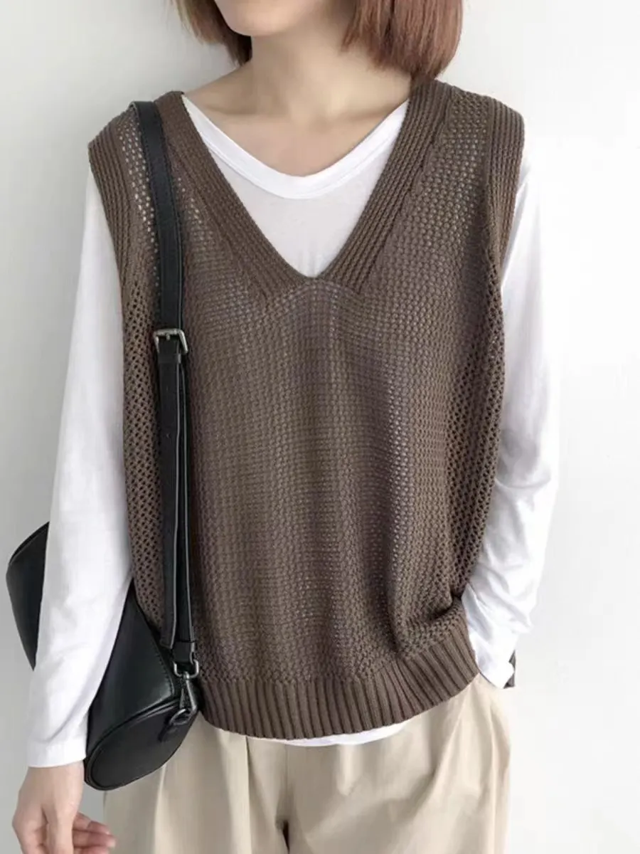 Churchf Churchf Spring 2024 V-Neck Sleeveless Loose Vest New Literary Knit Vest Pure Color Wisp Empty Women Fold Wear Jacket