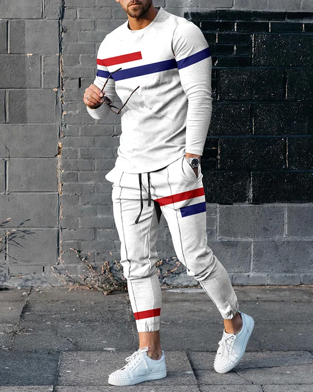 Suitmens Men's color block printing sports long-sleeved trousers set 318