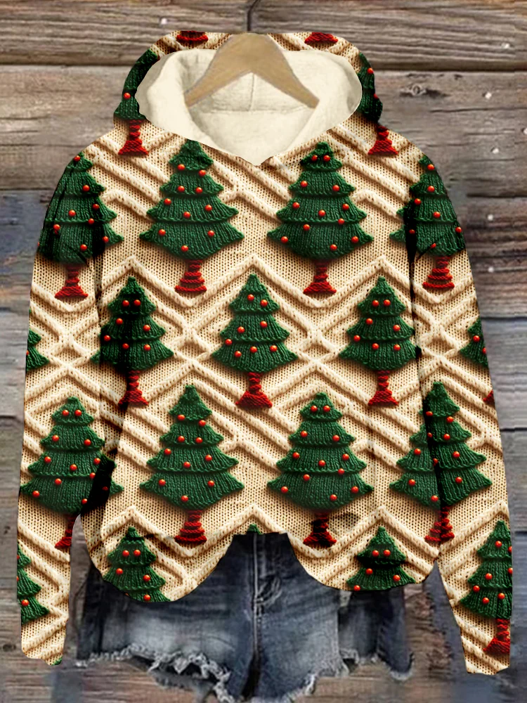 Vintage Christmas Trees Knit Art Cozy Hoodie