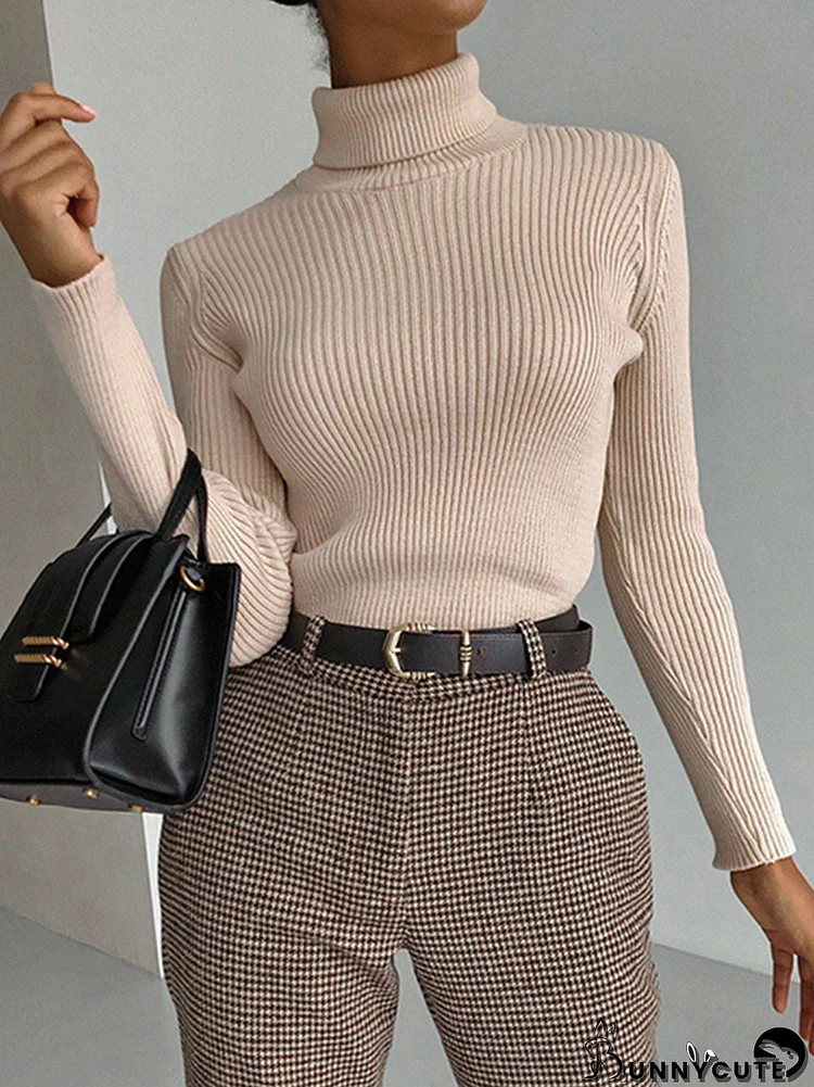 Long Sleeves Skinny Solid Color High Neck Pullovers Sweater Tops