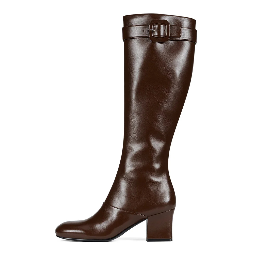 Faux Leather Square Toe Buckle Strap Tall Boots for Women in Brown