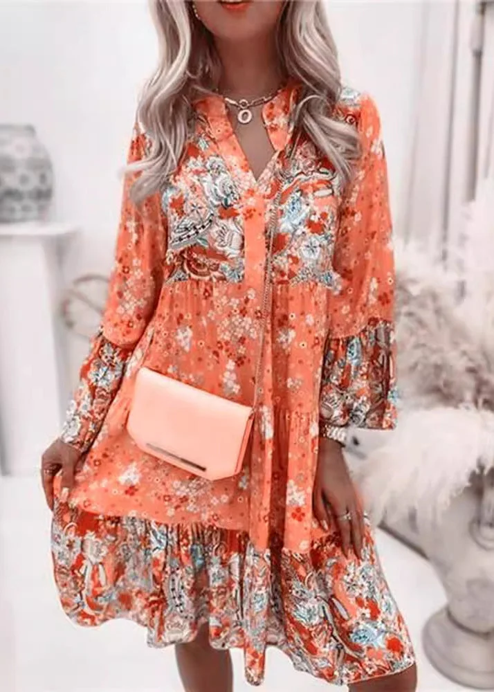 Bohemian Orange V Neck Print Wrinkled Cotton Mid Dress Fall