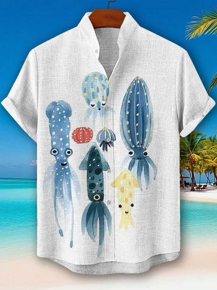 Men's Watercolor Squid Graphic Print Short Sleeve Shirt