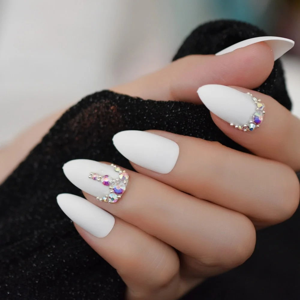 Matte Custom Fake Nails Craft White Decorative Luxury Nails Stiletto Rhinestones Designed Fingernails with Glue sticker 24pcs-Nail Inspo