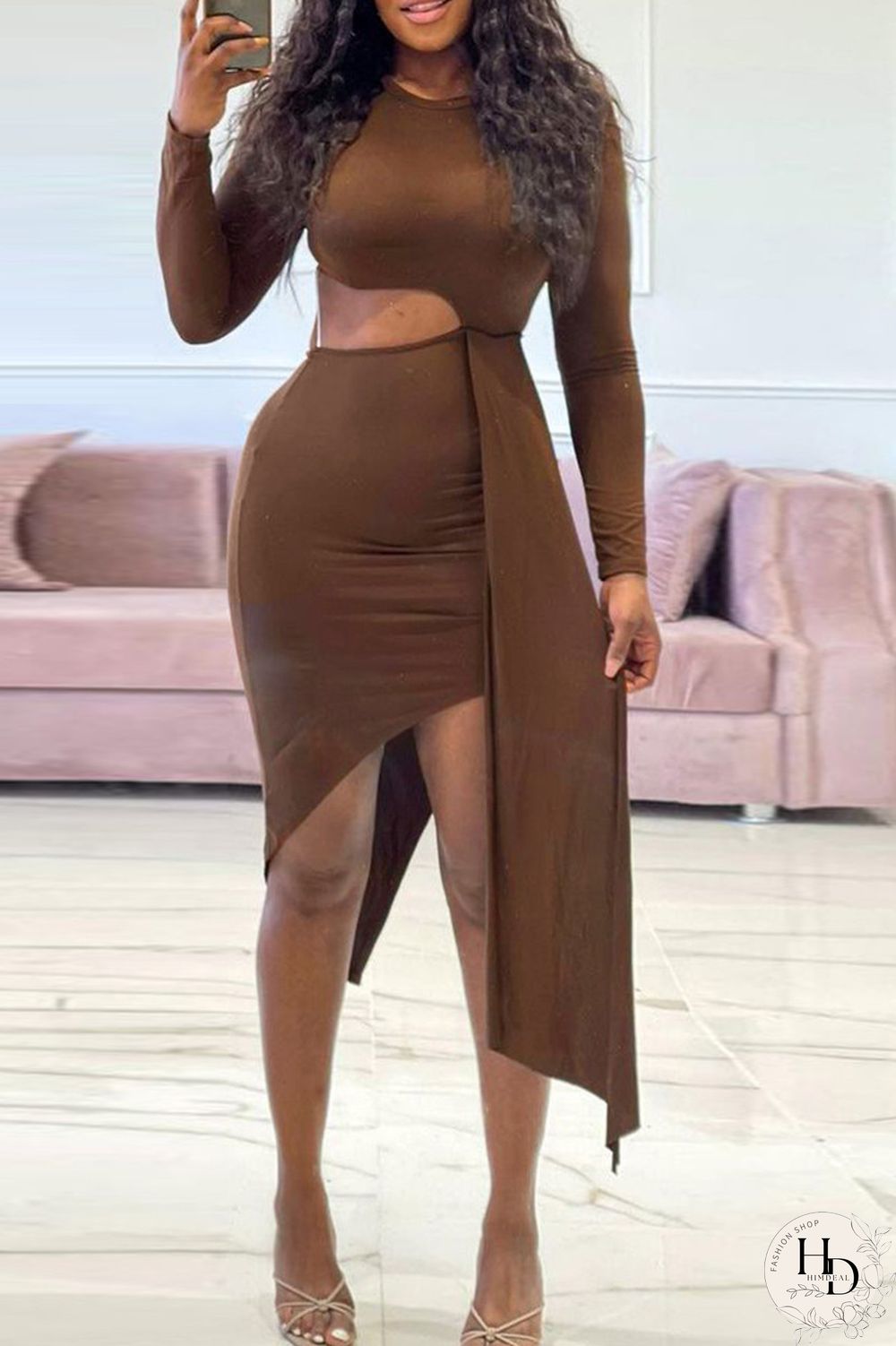 Brown Fashion Sexy Solid Hollowed Out O Neck Long Sleeve Irregular Dress