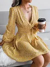 Bohemia Floral Printed Bandage V-Neck Long Sleeves A-Line Mini Dress