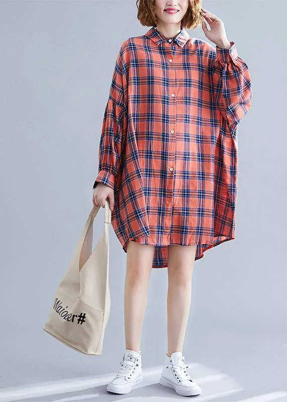 Vintage Orange Stand Collar Plaid Tops Spring