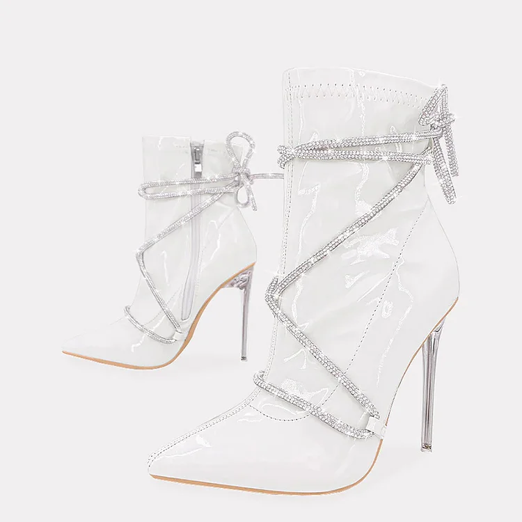 White Pointed Clear Heel Shoes Rhinestones Wrapped Ankle Boots Vdcoo