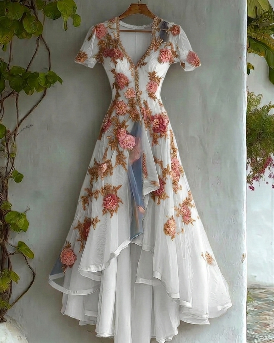 Women's Retro Elegant Gradient Flowers Irregular Ruffle Linen Dress wearshes