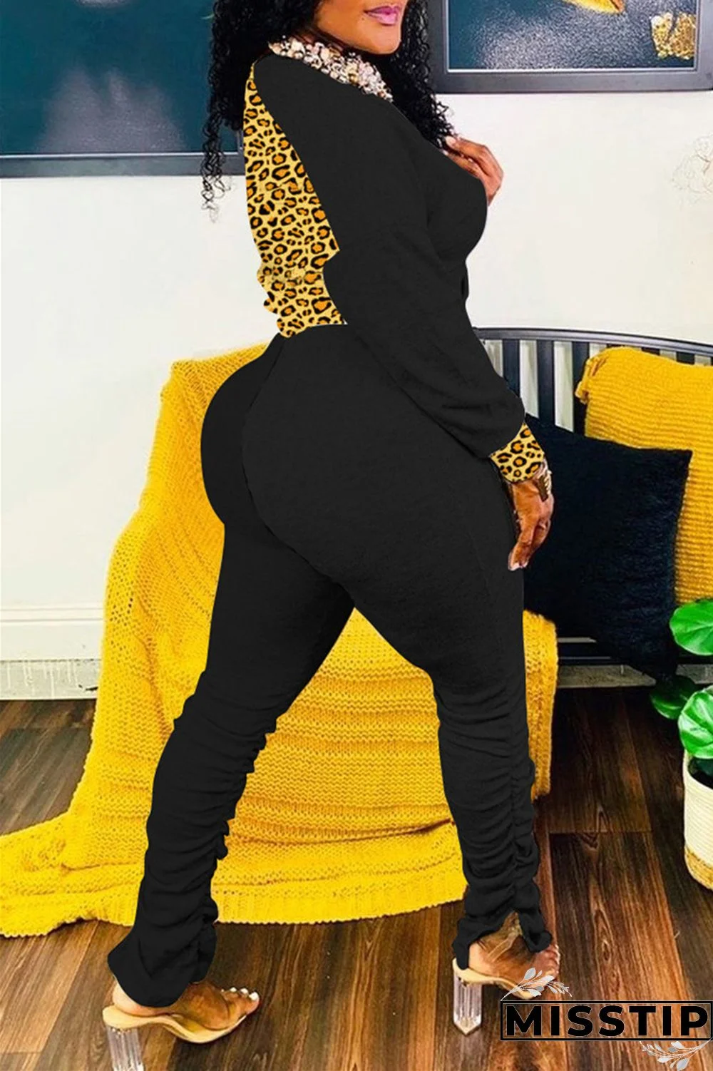 Black Fashion Casual Print Leopard Patchwork Fold V Neck Long Sleeve Two Pieces