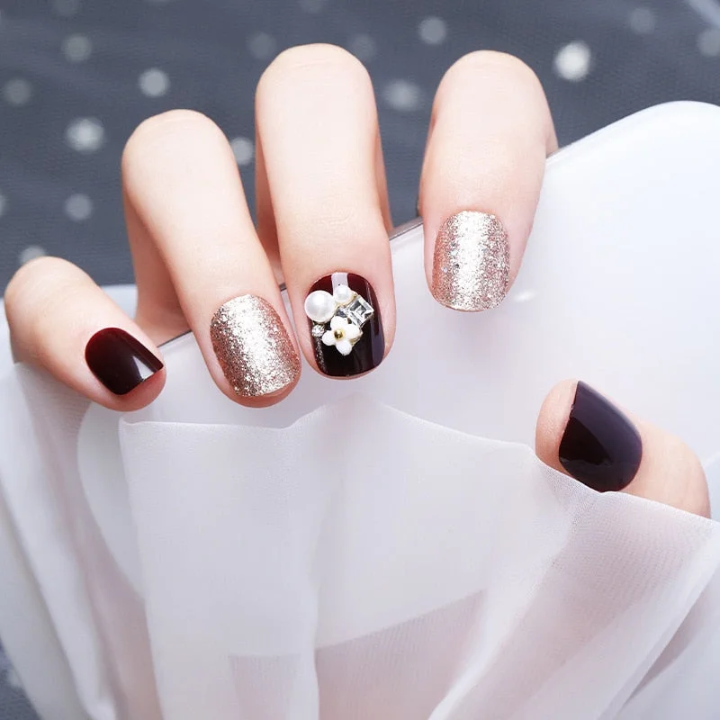 24 Pcs Nude Color nail tips Women Wearable  Fake press on Nails with Diamond Short Round Full Cover artificial nails with Glue-Nail Inspo