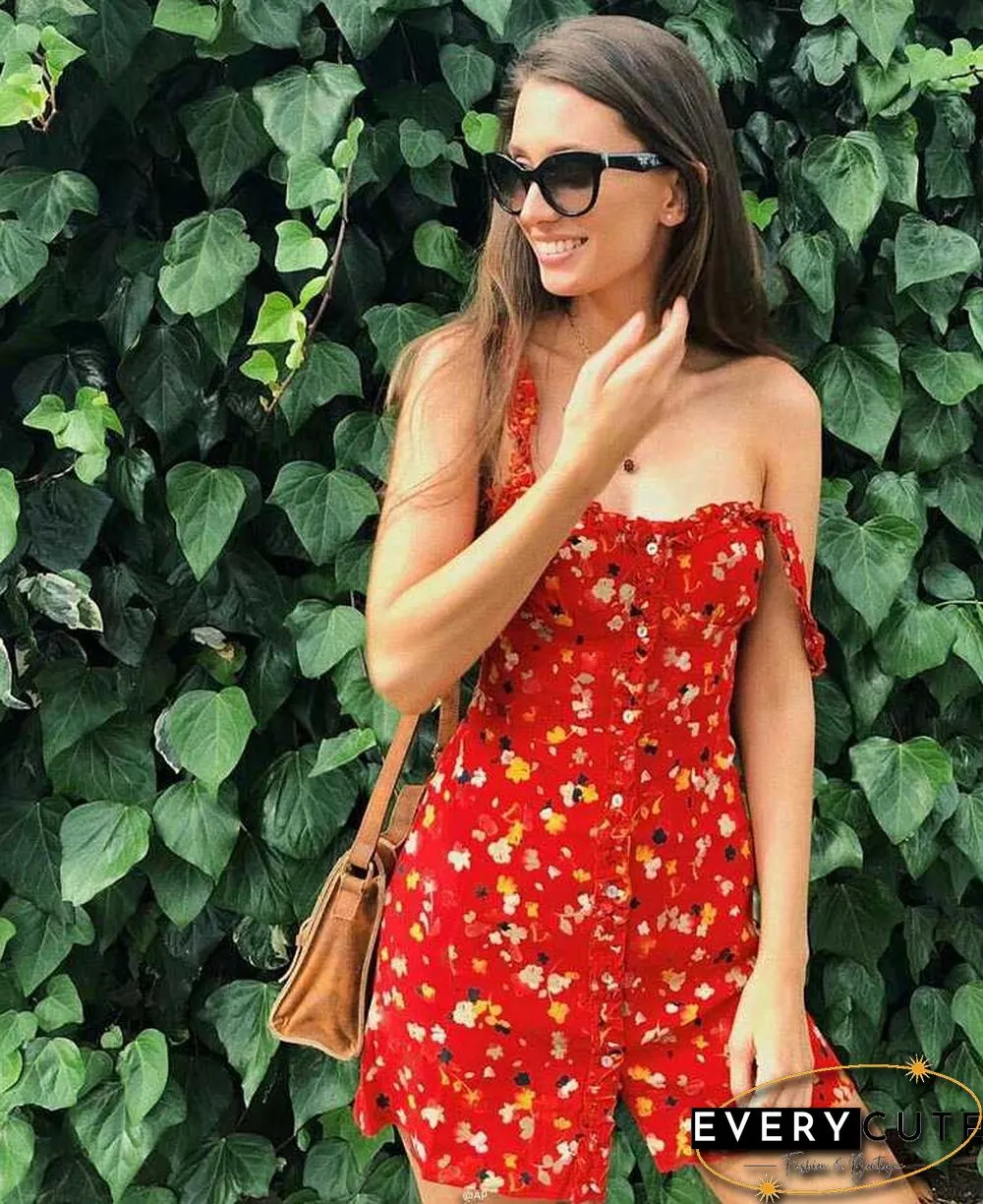 Casual Corset Red Fleur Floral Ruffle Strap Button Up Floral Dress