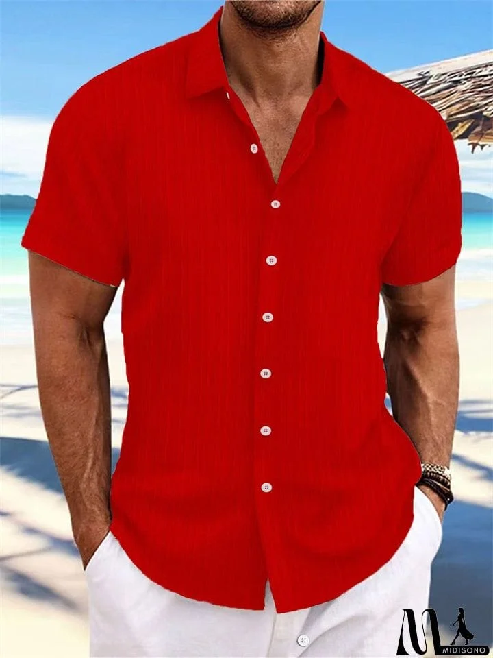 MidiSono - Men's Striped Texture Cotton Linen Short Sleeve Shirt