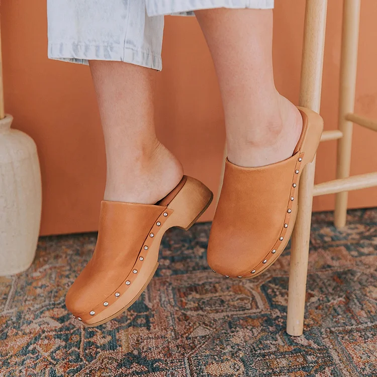 Vintage Khaki Round Toe Block Heels Studded Mules Shoes |FSJ Shoes