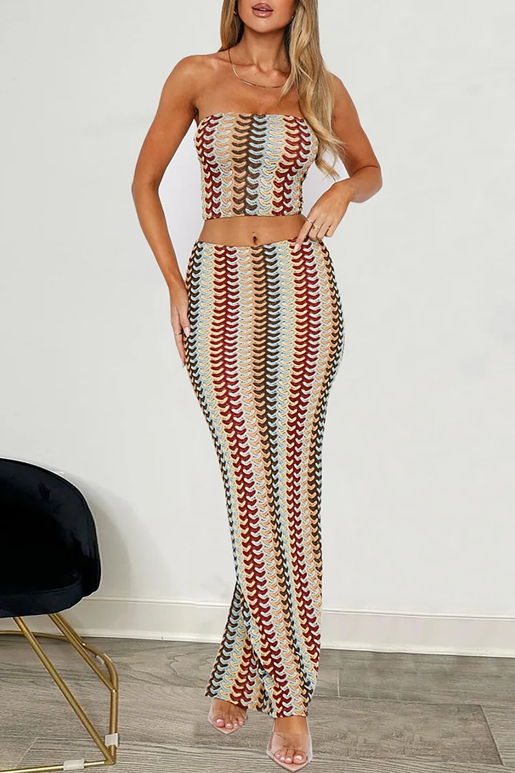 Knit Abstract Multicolor Striped Crop Tube Top Fitted Maxi Skirt Set-Beige