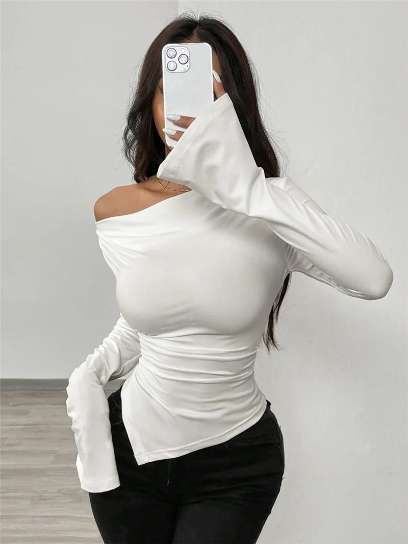 Athvotar Athvotar And Summer New V-Neck Open Shoulder Two-Wear Design Embody Wrinkles Irregular Long-Sleeved T-Shirt