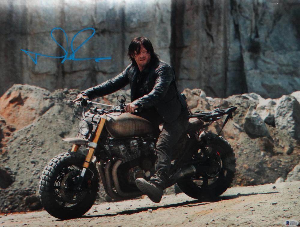 Norman Reedus Autographed Walking Dead 16x20 On Motorcycle Photo Poster painting- Beckett Auth