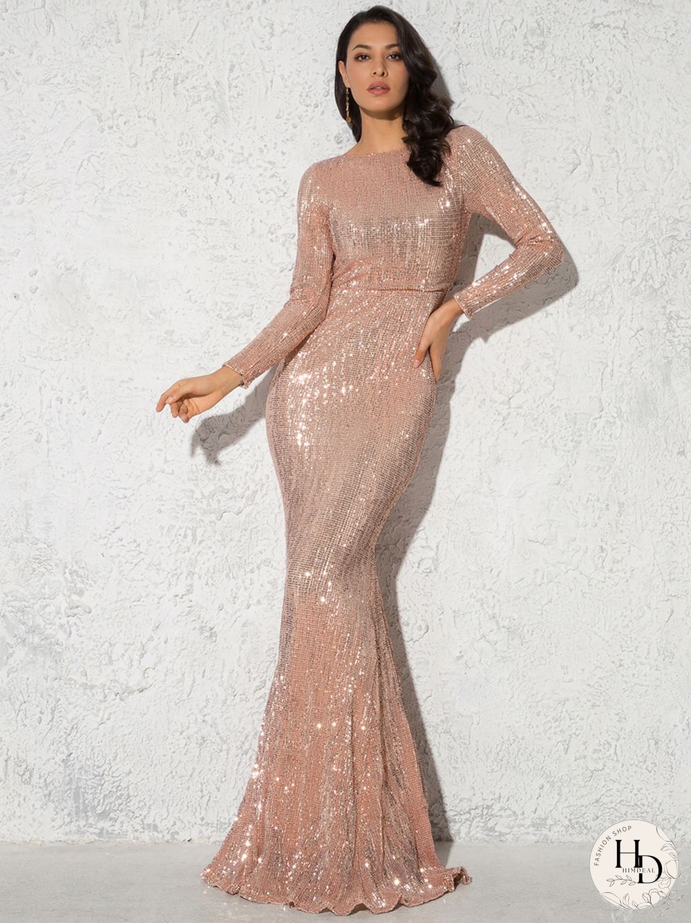 Elegant neck long sleeve sequin maxi dress floor length stretchy bodycon party gold green