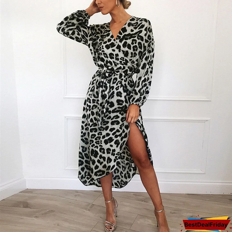 Fashion Sexy Women's Leopard Print V-Neck Irregular Chiffon Dresses