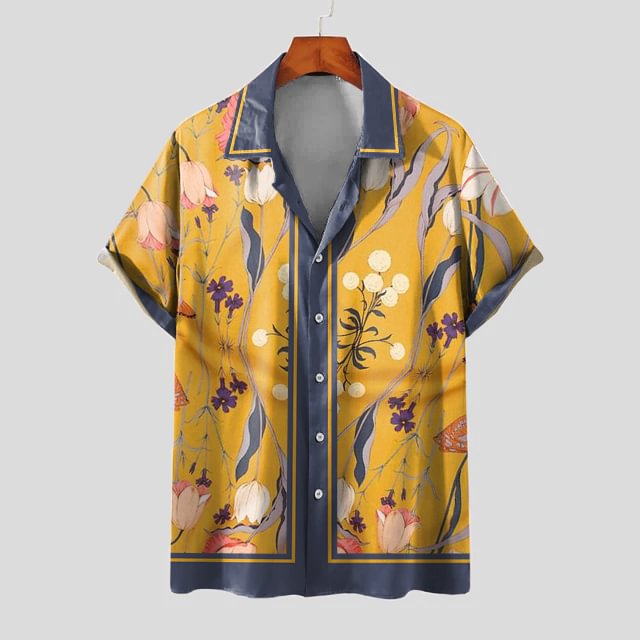 BrosWear Yellow Floral Print Short Sleeve Shirt