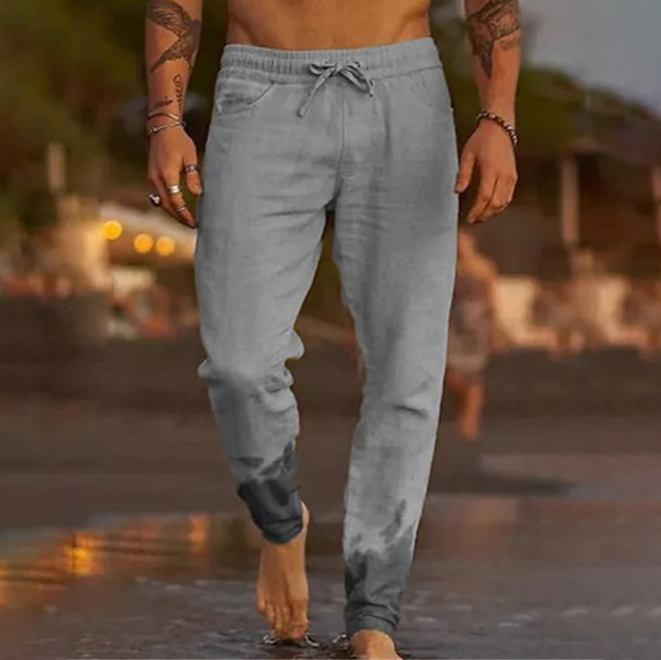 Men's Casual Breathable Elastic Tether Beach Cotton Linen Loose Trousers