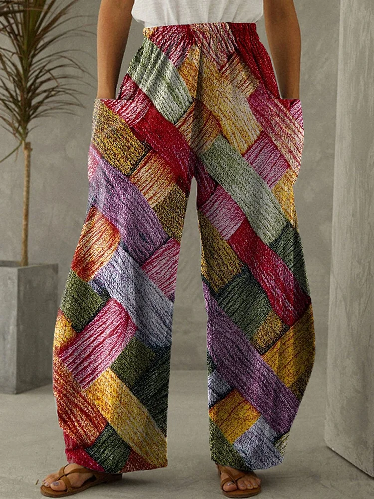 Women's Colorful Plaid Print Pocket Wide Leg Pants