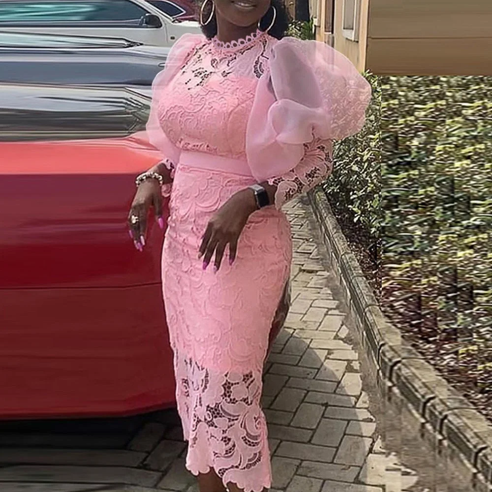 Uveng Round Neck Lace Basic Model Puff Sleeve Three-quarter Slim-fit Party Dress