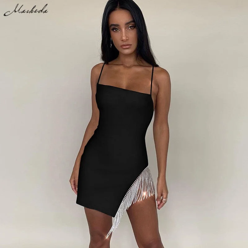 Macheda Women Sexy Spaghetti Strap Mini Dress Side Crystal Tassel Split Party Dress Lady Backless Slim Solid Vestidos 2019 New