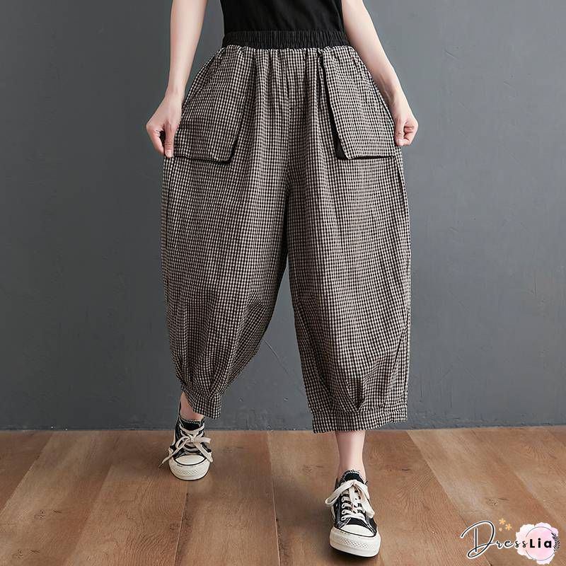 Yellow Pockets Loose Cotton Crop Pants High Waist Summer