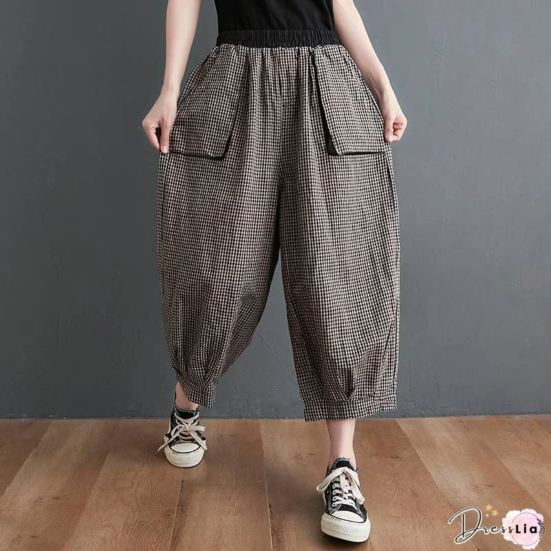 Yellow Pockets Loose Cotton Crop Pants High Waist Summer