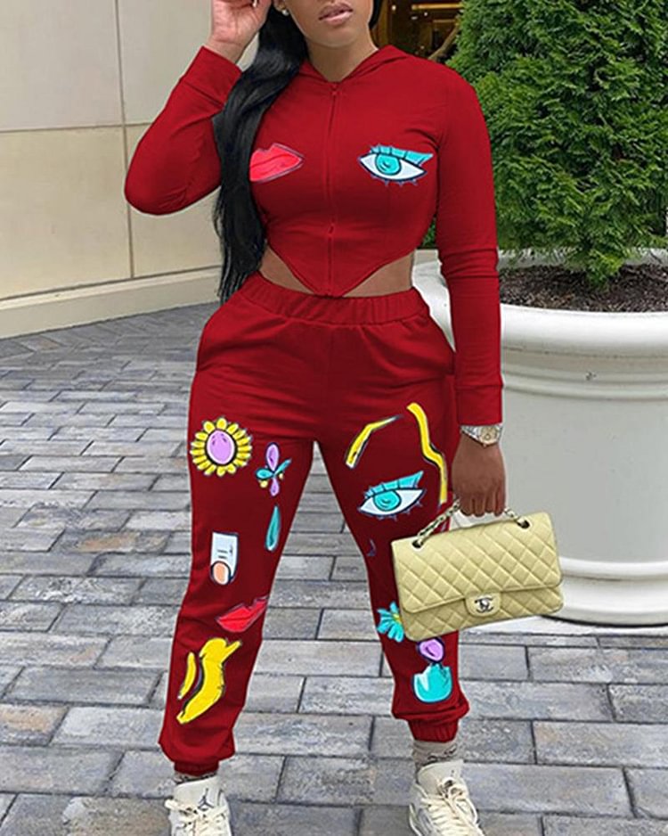 Lips & Eye Print Zip Up Asymmetrical Hem Hoodie & Pants Set - Shop Trendy Women's Clothing | LoverChic