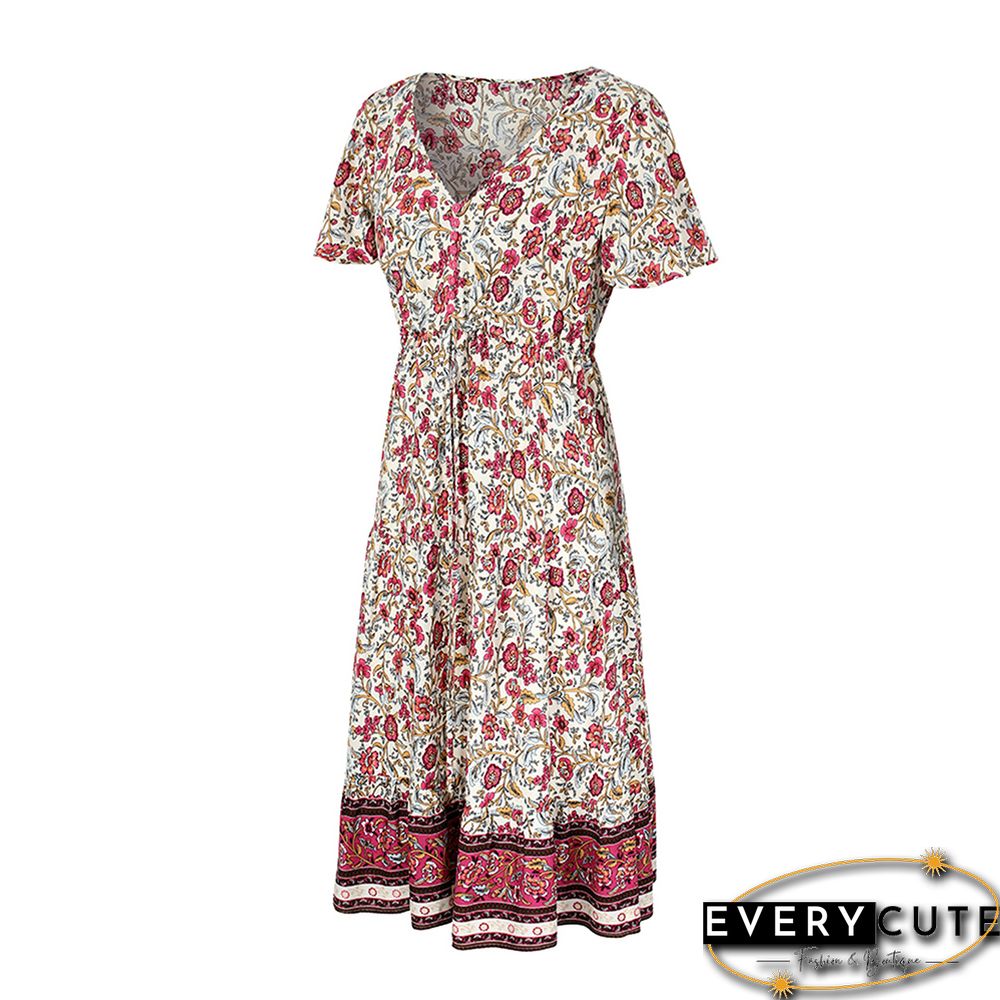 White Short Sleeve V Neck Boho Dress