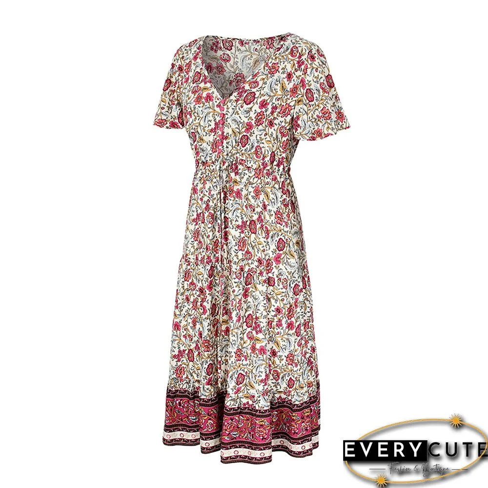 White Short Sleeve V Neck Boho Dress