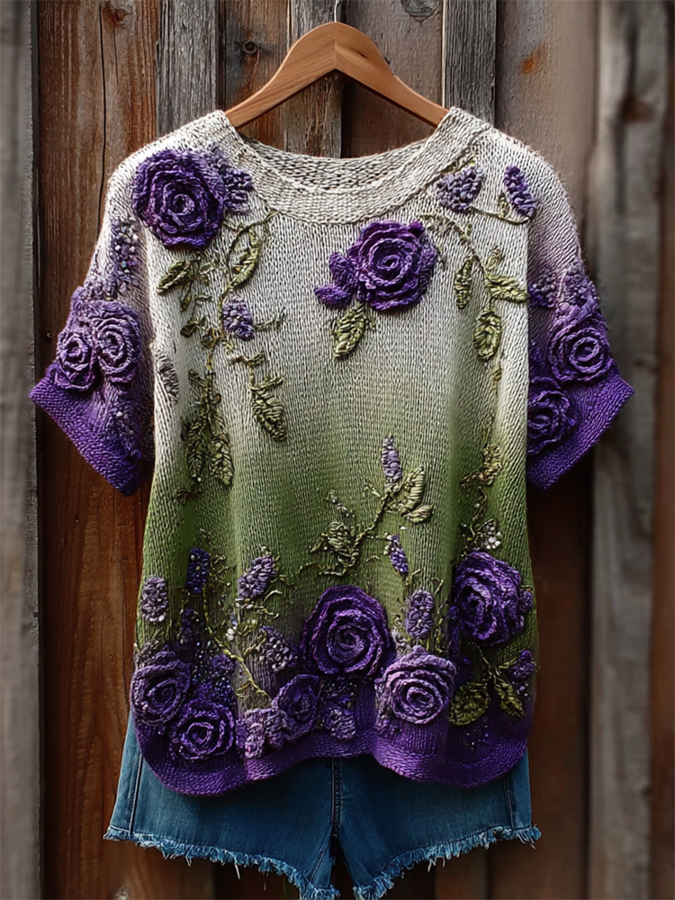 Classy Purple Roses Gradient Knit Short Sleeve Sweater wearshes