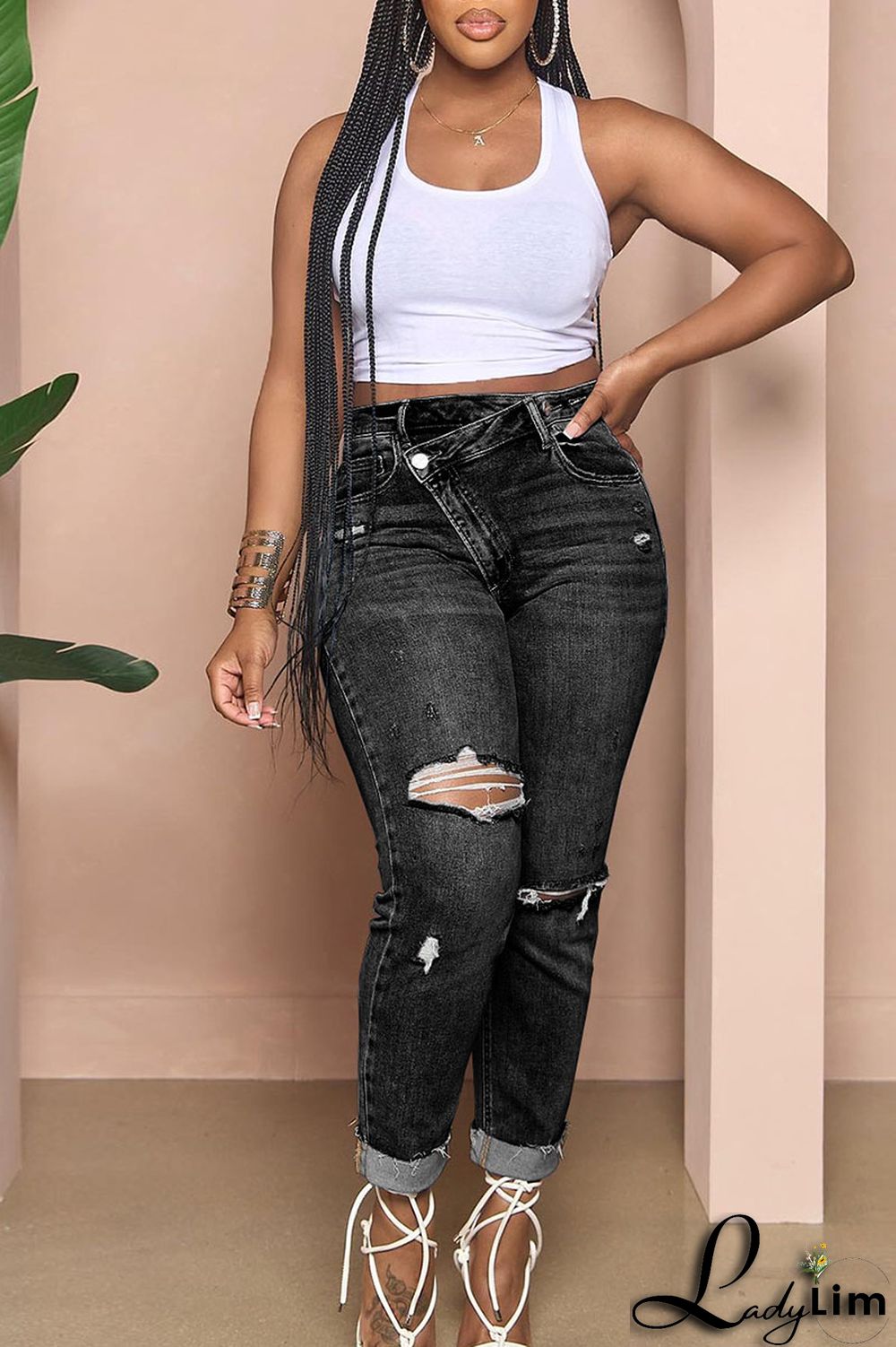 Light Blue Street Solid Ripped Patchwork High Waist Denim Jeans