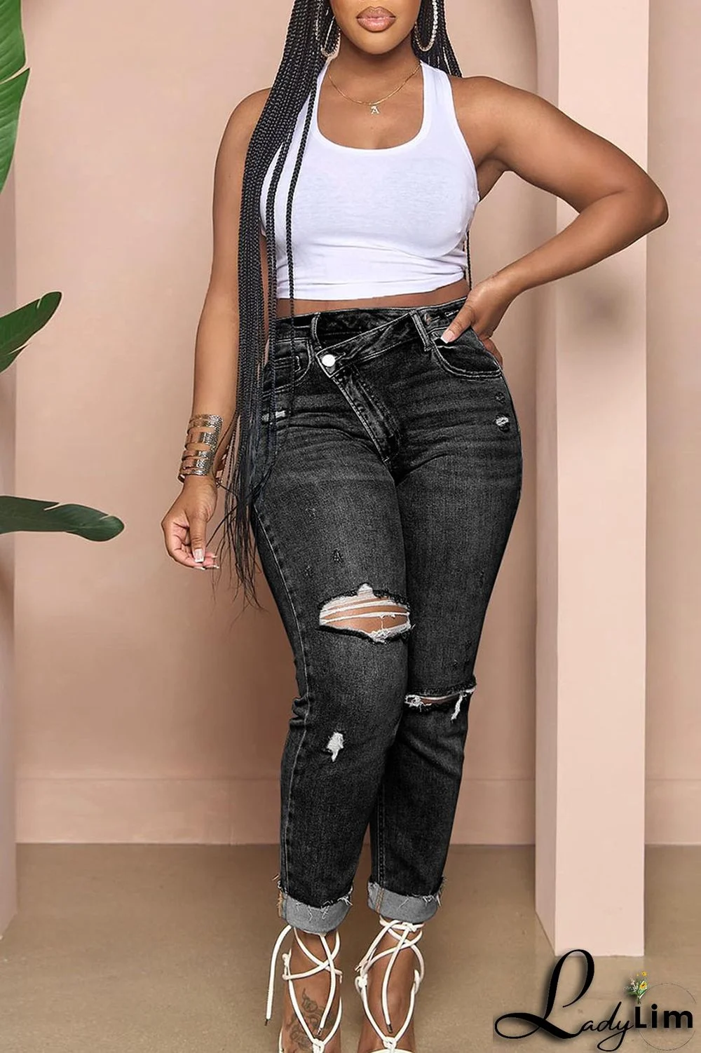 Light Blue Street Solid Ripped Patchwork High Waist Denim Jeans