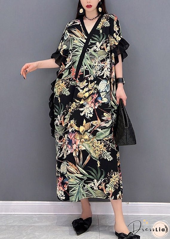 Green Side Open Print Long Dress Short Sleeve