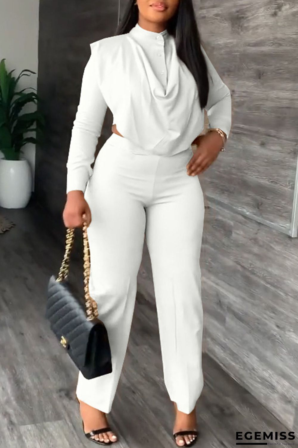 White Casual Work Solid Patchwork Buttons O Neck Long Sleeve Two Pieces | EGEMISS