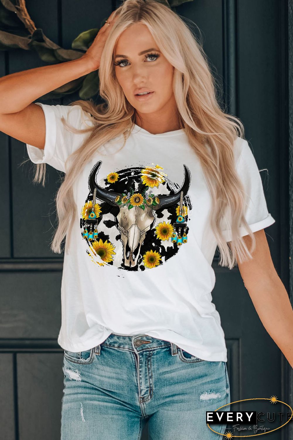 White Bull Skull With Sunflower Western Graphic Tee