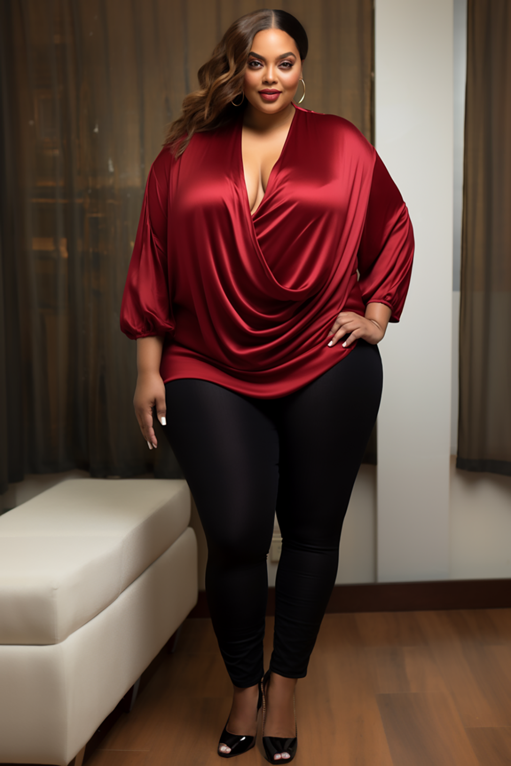 Design Plus Size Daily Burgundy Cowl Neck 3/4 Sleeve Fold Satin Tops [Pre-Order]