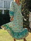 Floral-Print Long Sleeve Belted Bohemia Maxi Dress