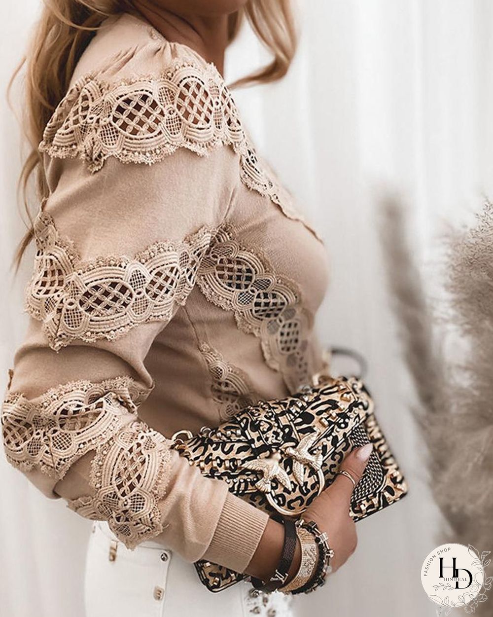 Winter Women Fashion Elegant Casual Solid Round Neck Stylish Pullover Sweaters Lace Stitching Long Sleeve Sweater