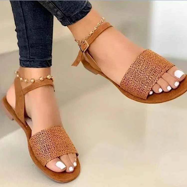 Graduation Gifts  Summer Women's Sandals Weaved Ankle Strap Ladies Flats Shoes Buckle Square Heels Female Footwear Casual Woman Shoes Plus Size 43